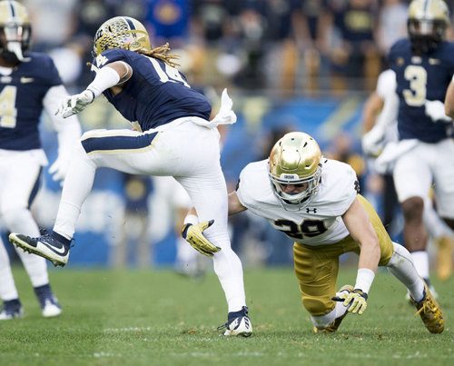 Notre Dame's Nicky Baratti (29) reaches for Pitt's Avonte Maddox(14) during the first half at Heinz Field Saturday, Nov. 7, 2015. SBT Photo/BECKY MALEWITZ