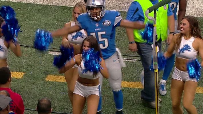 Golden Tate celebrated with the Lions cheerleaders on Sunday, October 16, 2016. (Image: espn.com video)
